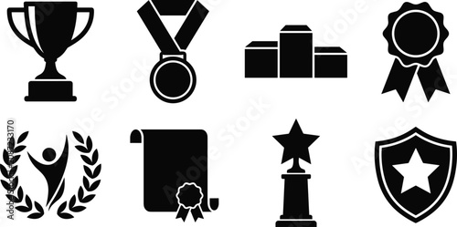 Award and Achievement Icon Set with Trophy Medal Certificate and Recognition Symbols