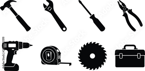 Construction and Workshop Tool Icon Set with Hand Tools Power Drill and Toolbox
