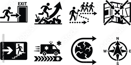 Emergency Evacuation and Safety Icon Set with Exit Route Navigation and Rescue Symbols