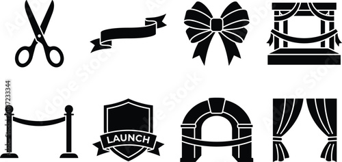 Grand Opening and Ribbon Cutting Icon Set with Event Launch and Ceremony Symbols