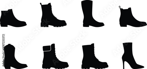 Fashion Boot Silhouette Vector Collection Featuring Ankle Combat Chelsea and High Heel Boots