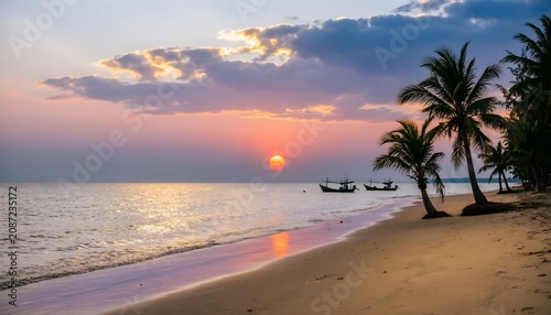 Tropical Beach Sunset with Palm Trees and Fishing Boats on a Peaceful Shoreline