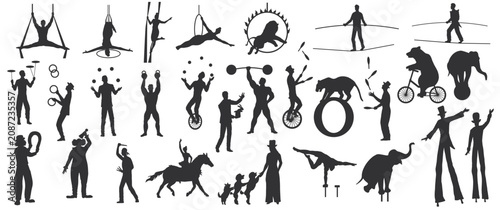 Tableau sur toile Set of vintage circus performer silhouettes with acrobats, jugglers, animals and entertainers on white background