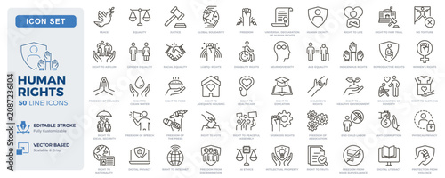 Human rights, equality and social justice icons. Civil liberties, inclusion and fundamental rights thin line icon set. Editable stroke vector illustrations.