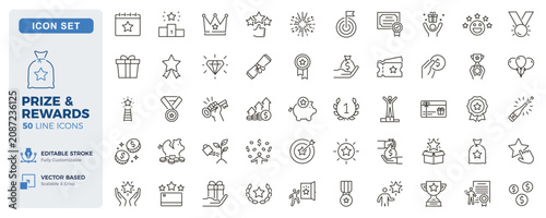 Awards, prizes and recognition icons. Achievement, rewards, loyalty and incentive thin line icon set. Editable stroke vector illustrations.