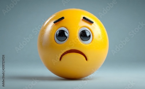 Obraz na płótnie Sad yellow emoji face with big tearful eyes looking down, a detailed 3D yellow