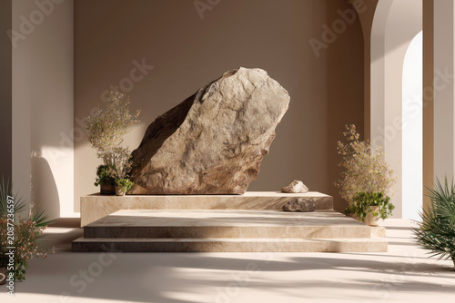 Empty Square Display Podium in Luxury Stone Interior with Warm Sunlight