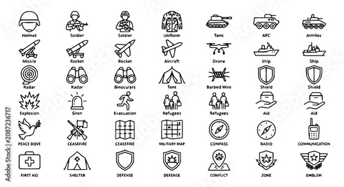 Foto War and Military Editable Stroke Outline Icons Set with Army Conflict Humanitari