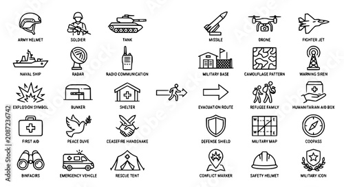 Canvastavla War Outline Icon Collection with Military Army Conflict Civil Defense and Humani