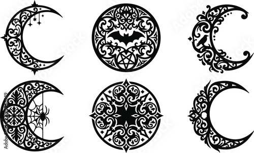 Set of black moons in a grunge brushstroke style. Goth moon for design and prints. Vector illustration isolated on a white background. and six unique witch hat designs in black and white