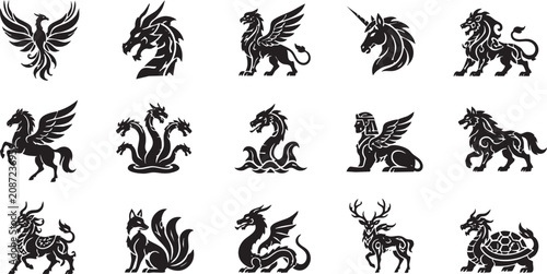 Obraz na plátne Mythical Creature Silhouette Icons for Fantasy Creative Projects