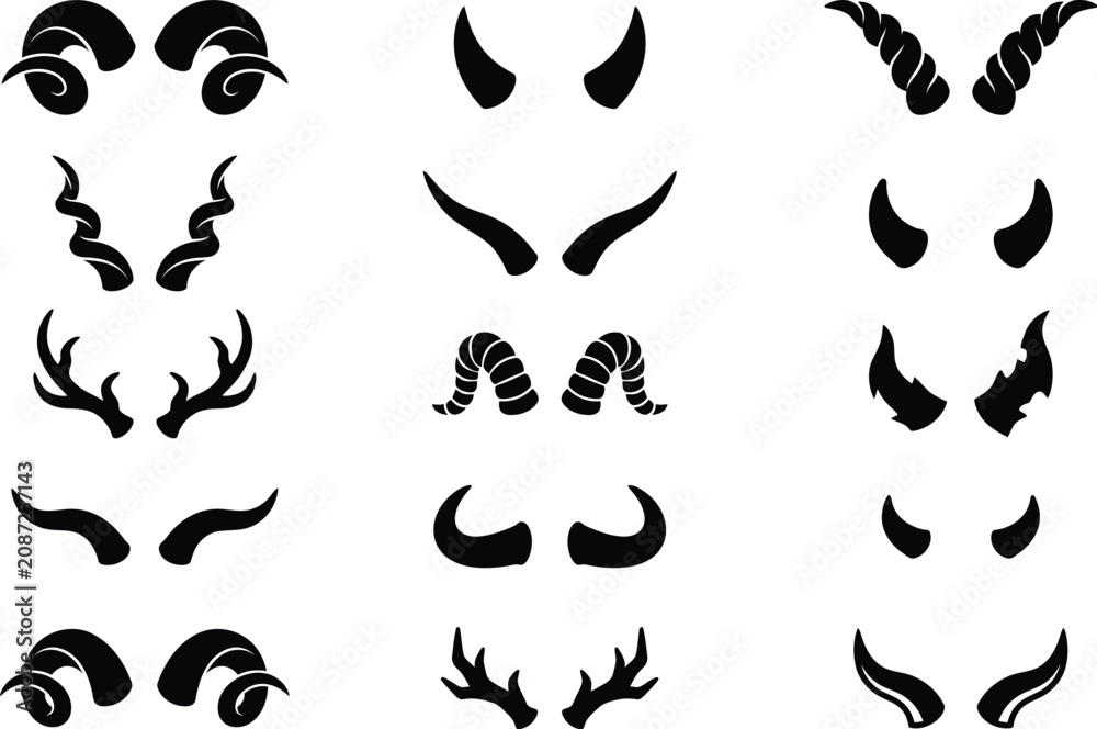 Fototapeta premium Demon and animal horns silhouettes collection set.
