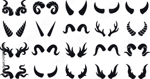Foto Large set of various devil and monster horn silhouettes.