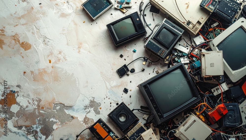 Fototapeta premium Discarded Electronics and Old Monitors in a Scrap Heap.
