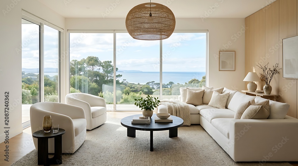 Fototapeta premium Modern living room with ocean view and stylish pendant lighting