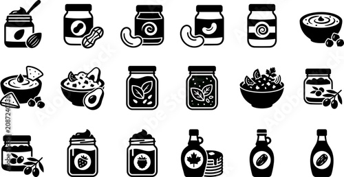 Foto Collection of various food items and condiments in jars and bowls icons