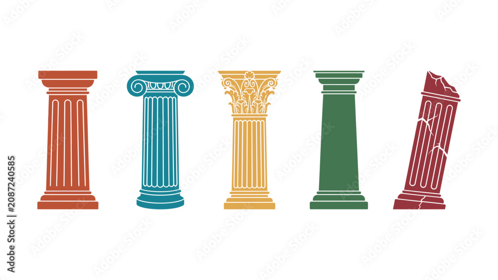 Obraz premium Colorfulillustrationofvariousancientarchitecturalcolumnsonwhitebackground
