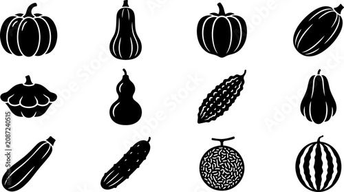 Εκτύπωση καμβά Set of black silhouette icons representing various gourds and melons