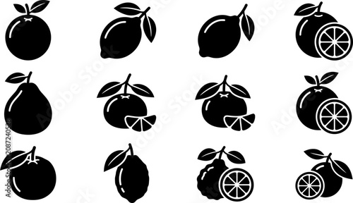 Bild auf Leinwand Set of black silhouette citrus fruit icons with leaves and slices