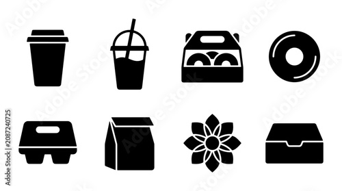 Foto Black Food Icons: Coffee Cups, Donuts, Bakery Boxes, and More Vector Set