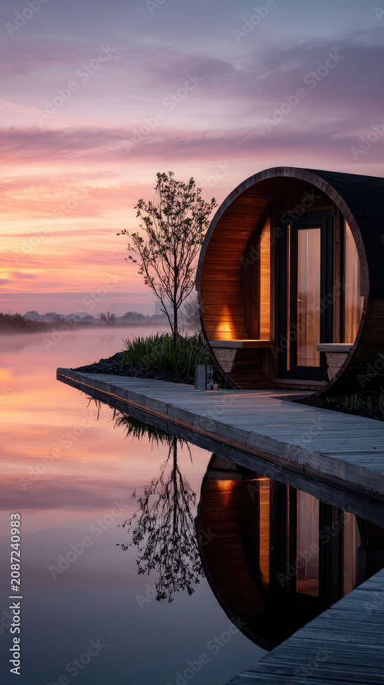 Fototapeta premium Barrel sauna floating on a gentle lake at blue hour, offering tranquil wellness and mindful relaxation, reflecting its warm glowing interior over the calm water