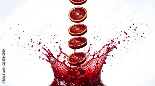 Fresh blood orange slices falling into a splash of red juice isolated on white background