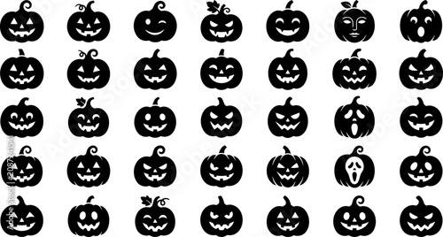 Collection of 30 unique black halloween pumpkin faces on white background
