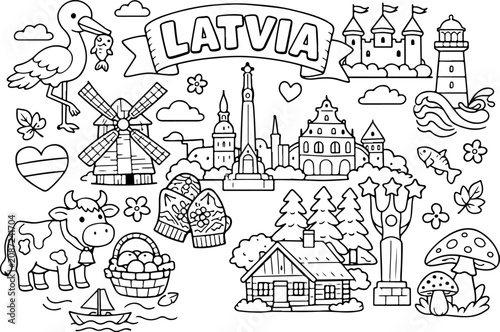 Letonia, monumentos, contorno de dibujos animados, ilustración de arte lineal dibujada a mano, página para colorear para niños