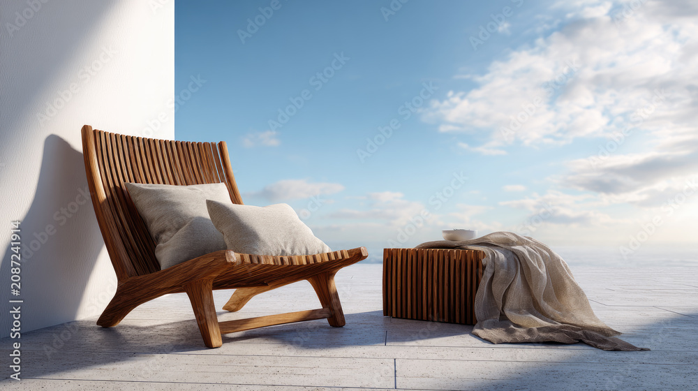 Fototapeta premium Outdoor lounge zone offering comfort and relaxation. A modern wooden armchair with soft cushions and wooden coffee table by a sunlit wall. Overlooking a vast blue sky