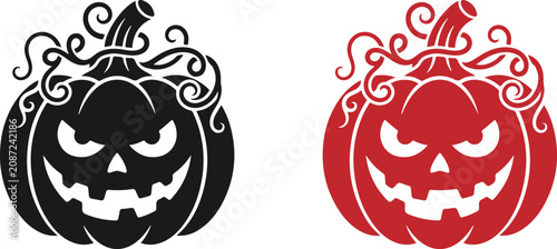Photos Halloween monster jack lantern orange pumpkin carved glowing scary face set on a whit background