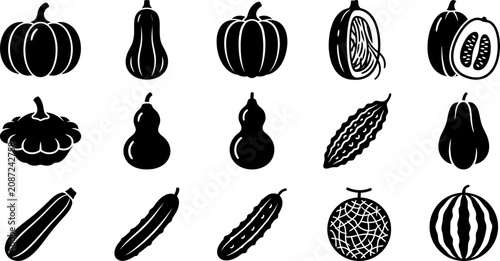Cuadro en lienzo Collection of various pumpkins gourds melons and cucumbers silhouette icons