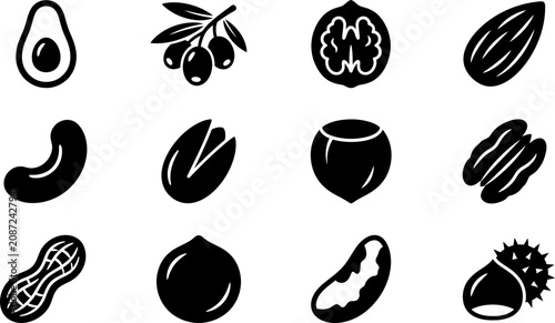 Bild auf Leinwand Set of black and white nuts and seeds icons.