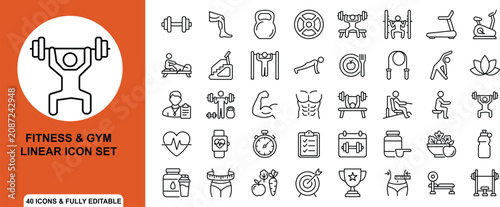 Fitness and gym linear icon set linear style icons for Dumbbell, Barbell, Kettlebell, Pull Up Bar, Treadmill, Stationary Bike, Rowing Machine, Elliptical Trainer