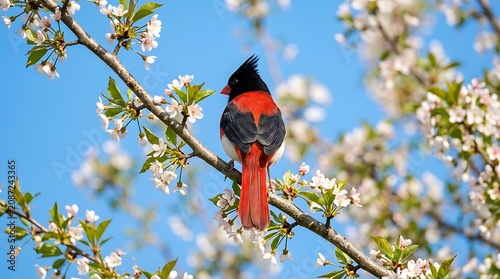 Vibrant red and black bird perched on blooming cherry blossom tree branch against clear blue sky in springtime