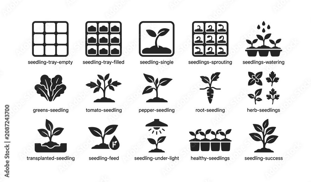 Fototapeta premium Seedling and plant icons showing trays, sprouts and growth on white