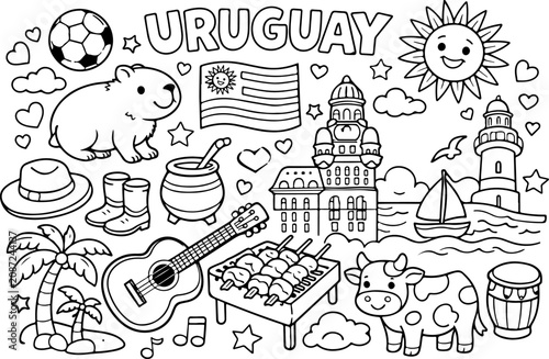 Uruguay, monumentos, contorno de dibujos animados, ilustración de arte lineal dibujada a mano, página para colorear para niños