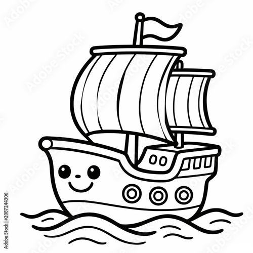Cute cartoon sailing ship with a happy face and billowing sails on wavy water, line art illustration