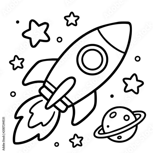 Cute rocket ship blasting off into space surrounded by stars and a ringed planet illustration