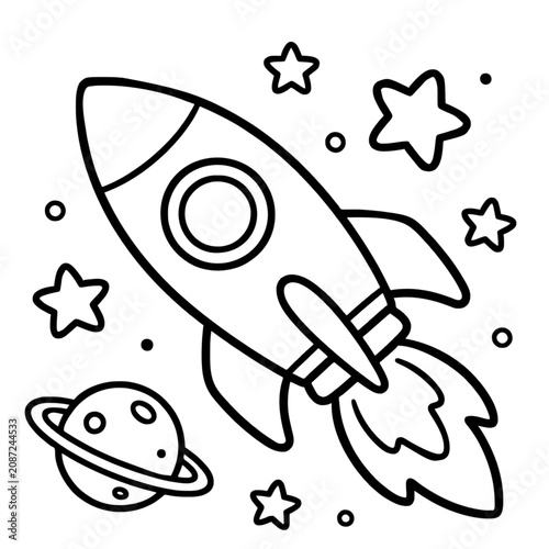 Cute cartoon rocket ship blasting off into space surrounded by stars and a planet
