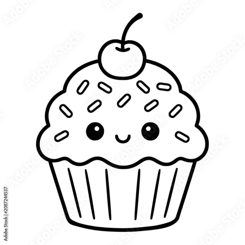 Cute Kawaii Cupcake Illustration with Cherry and Sprinkles Black and White Line Art