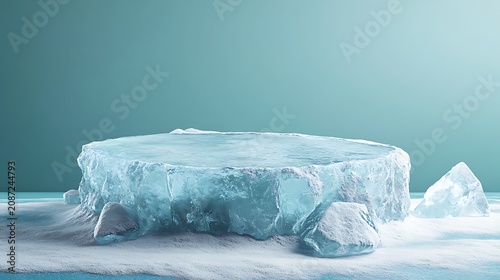 Round ice podium for product display on a snowy surface with frozen rocks