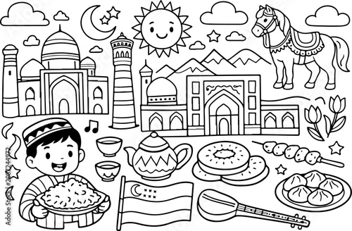 Uzbekistán, monumentos, contorno de dibujos animados, ilustración de arte lineal dibujada a mano, dibujo de garabatos, página para colorear para niños