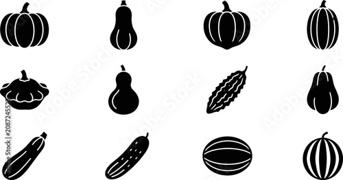 Photos Set of black silhouette icons featuring various types of gourds and pumpkins