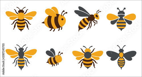 Foto Collection of stylized bee illustrations with varying poses and color schemes on