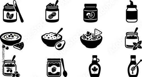 Tableau sur toile Set of black and white food condiment and ingredient icons.