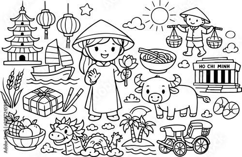Vietnam, monumentos emblemáticos, contorno de dibujos animados, ilustración de arte lineal dibujada a mano, dibujo de garabatos, página para colorear para niños