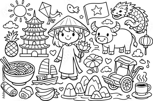 Vietnam, monumentos emblemáticos, contorno de dibujos animados, ilustración de arte lineal dibujada a mano, dibujo de garabatos, página para colorear para niños