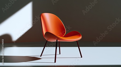 A modern, orange, curved chair illuminated by dramatic sidelight