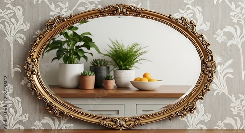 Elegant oval mirror with ornate gold frame hanging on a patterned grey wall in a cozy home interior