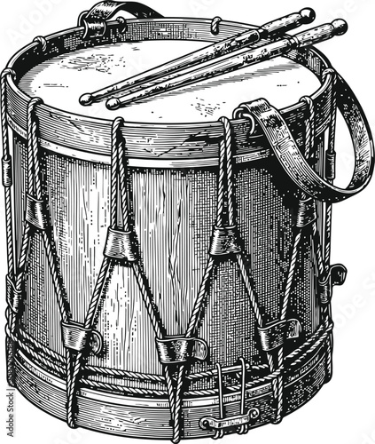 Tableau sur toile A vintage snare drum with drumsticks rests during a historical reenactment prese